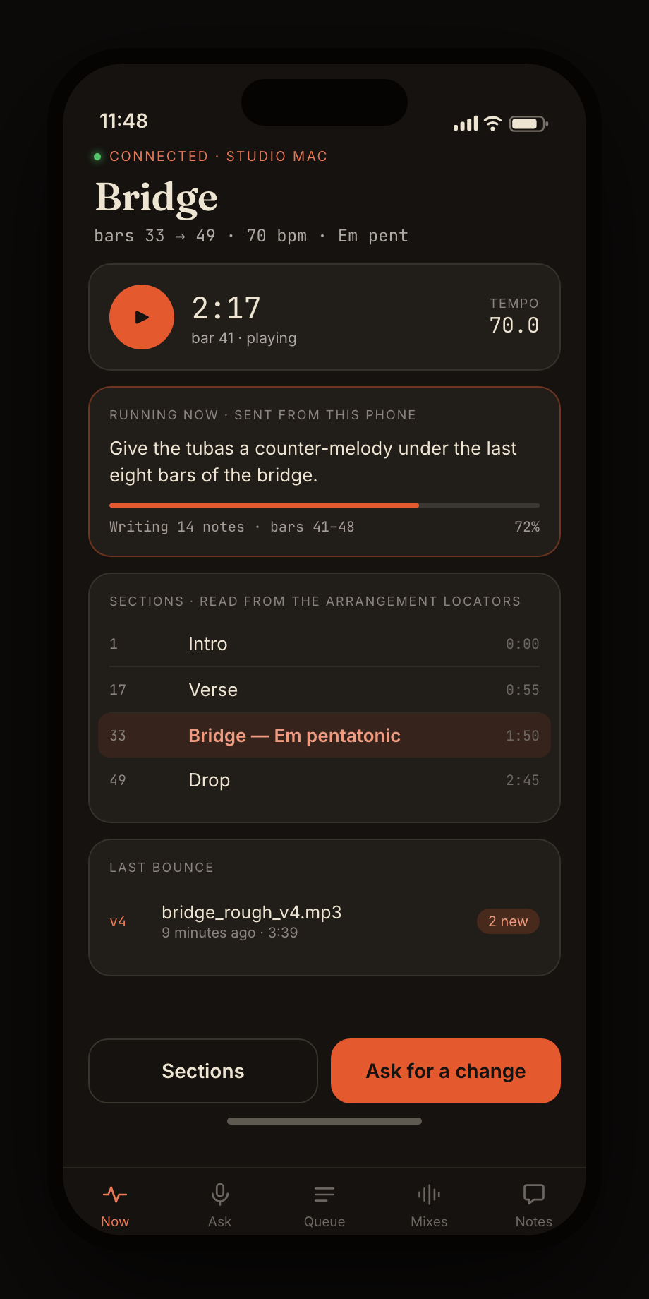 Talkback showing the current musical state